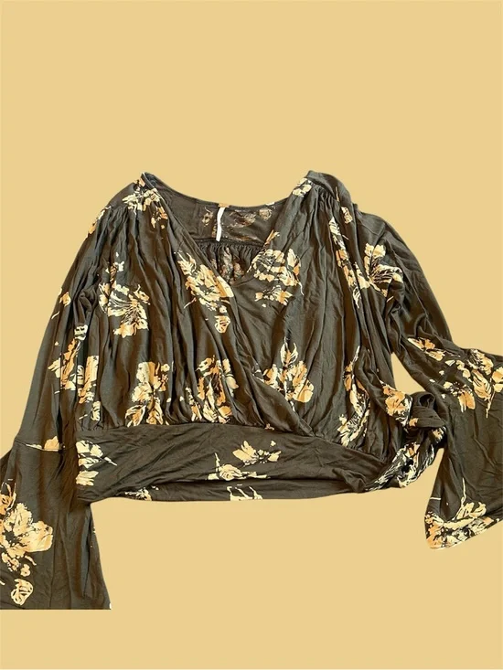 Free People Black Floral Wrap Crop Top with Yellow Print