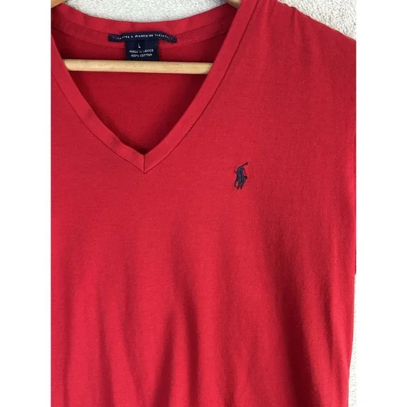 Ralph Lauren Sport Womens Red V Neck T Shirt Navy Pony Logo Size L 0810