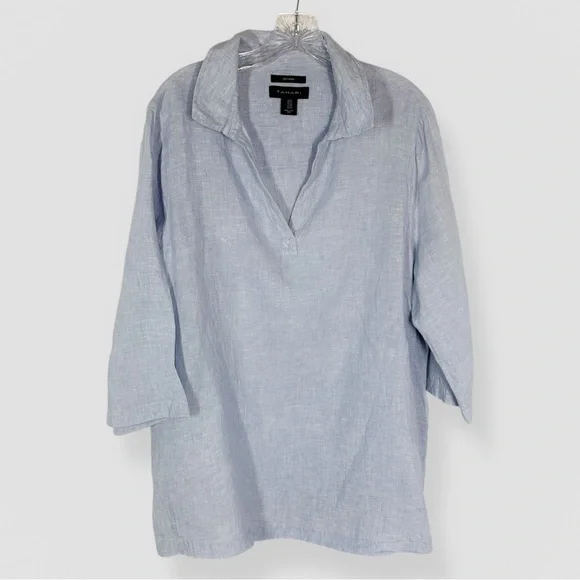 Tahari Blue White Striped 100% Linen 3/4 Sleeve Tunic Top Plus Size 1X Coastal