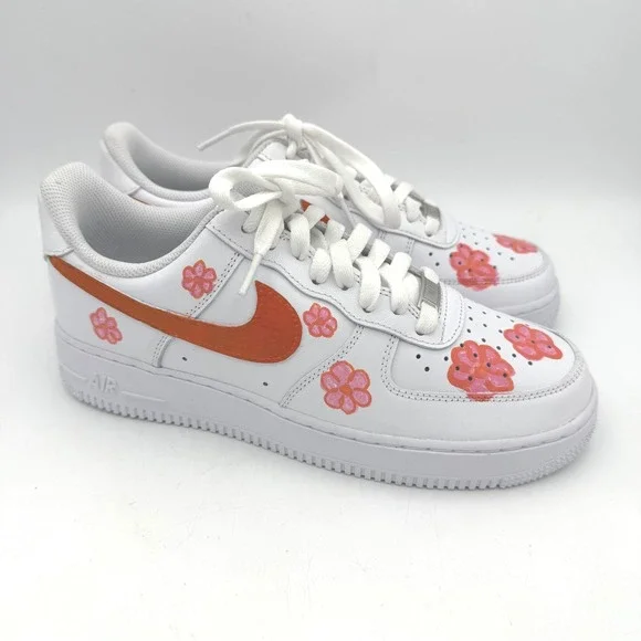 Nike Air Force‎ 1 Low Custom Floral Hand Painted White Orange Pink Sneakers
