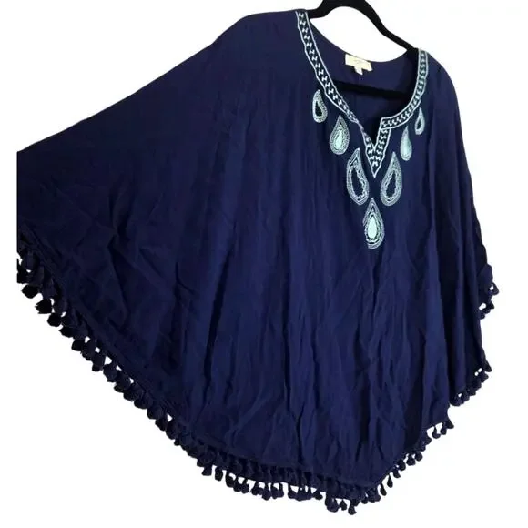 Kori America Navy Blue COTTON Poncho Cape Tassel Fringe Womens Medium Boho