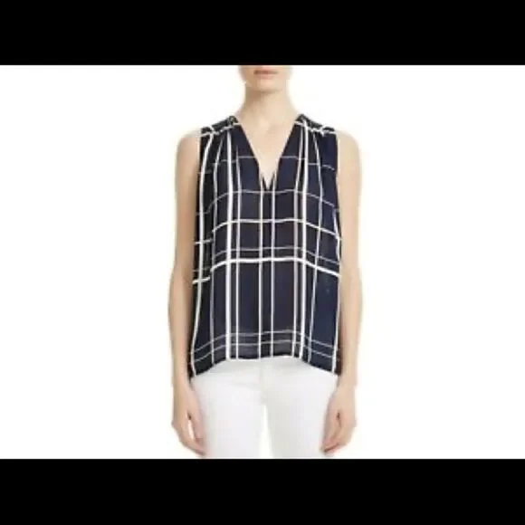 Vince 100% silk plaid sheer sleeveless top
