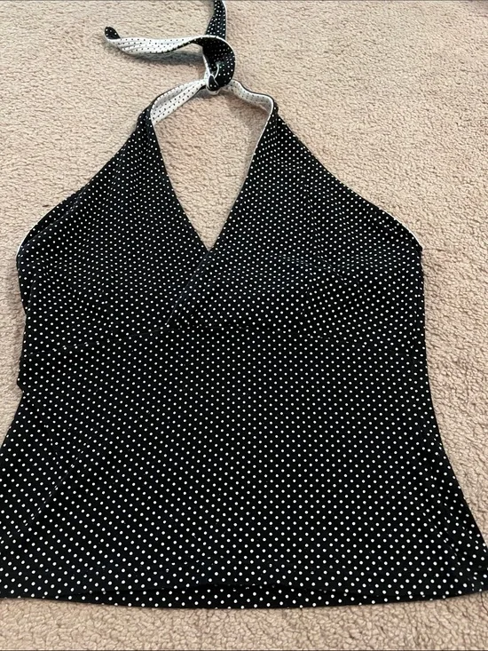 Energie Black Halter Tank Top with White Polka Dots