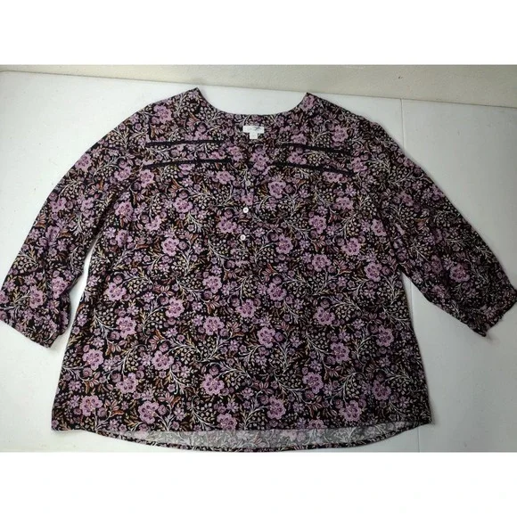 J.Jill Corduroy Floral Top Womens XL Purple Black Button Front Lace Trim Blouse