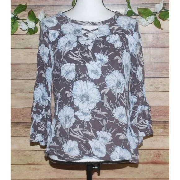 Miss Me Brown Blue Floral Blouse Size S Open Cross Front Keyhole Back 3/4 Sleeve