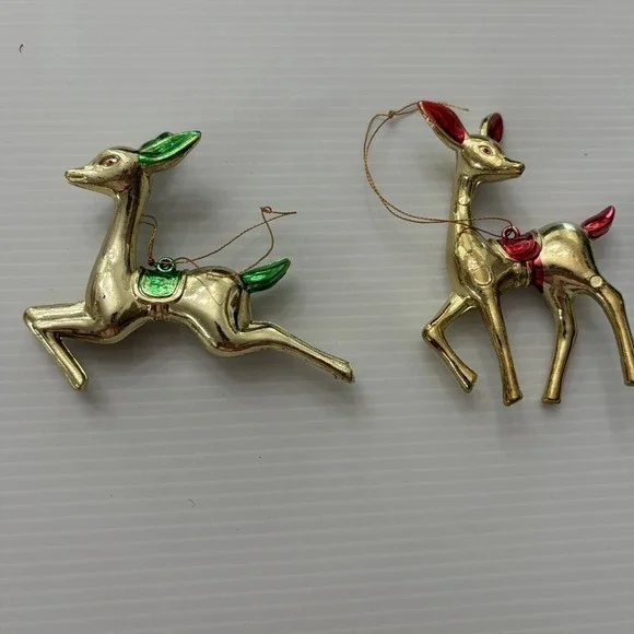 Lot Of 2 Vintage Gold Plastic Reindeer Christmas Ornaments Mid-Century Style