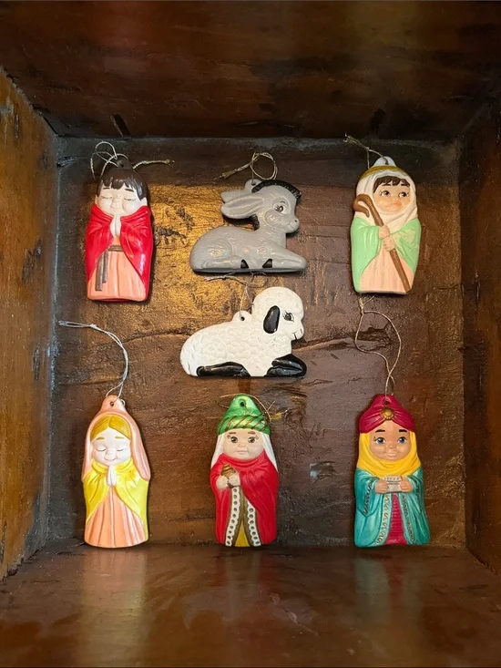 Hand-Painted Vintage Nativity Hanging Ornaments - Set of 7