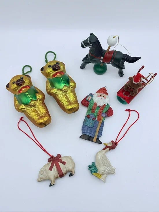 Vintage 6 Assorted Christmas Ornaments Bears Horse Farm Animals Santa Bear