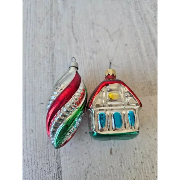 Vintage‎ Mercury glass house spiral red green mini ornament set Xmas tree
