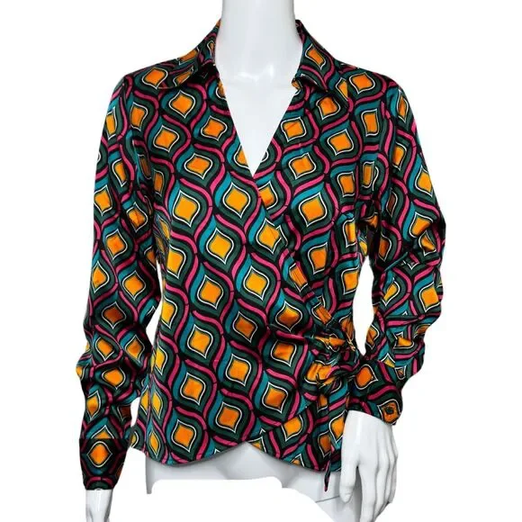 Cupcakes and Cashmere Shirt Womens Small Blue Orange Geometric Satin‎ Colorful