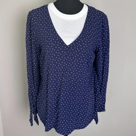 Anthropologie Maeve Womens Blouse Small‎ Navy Polka Dot V Neck Tie Sleeve Rayon