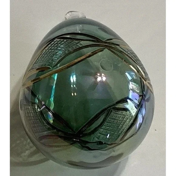 Christmas Ornament Hand Blown Glass Egg Shape Raised‎ Gold Designs Green Tint