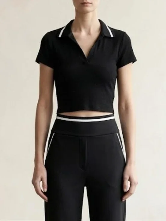 Lou & Grey Black Cropped Polo Top with White Collar Trim Size Small
