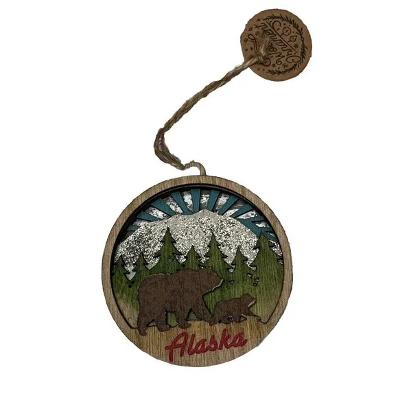 Christmas Wood Ornament Bear Cub Alaska Mountains Trees 3D‎ Layers Round Hanging