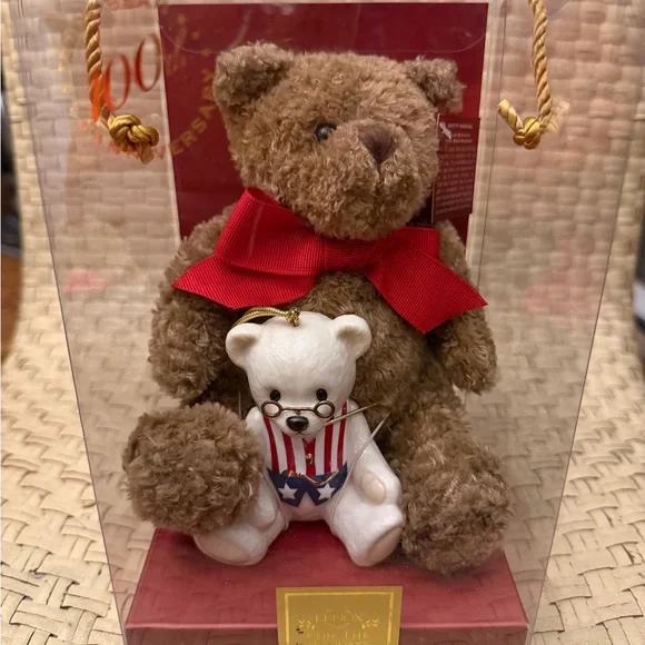 Lenox 100th Anniversary Brown and White Teddy Bear Set with Red Bow NIB
