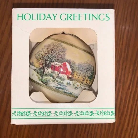 Vtg Holiday Greetings “Early Winter” white‎ satin Christmas tree ornament