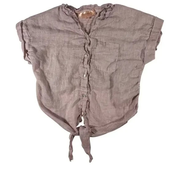 Scandal Italy Women's Medium Linen Tie Front Button Blouse Pink Boho Beach