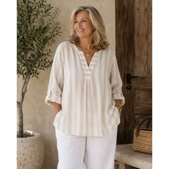 Antibes Blanc 100% Linen Tunic Top Size 3X Beige White Stripe Roll Tab Sleeve