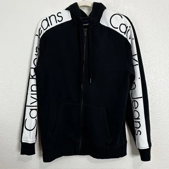 Calvin Klein Vintage Logo Sleeves Full Zip Hoodie Women’s Sweatshirt, Sz Medium