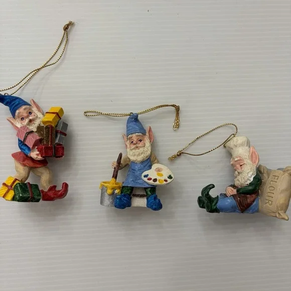 Vintage Christmas Elf Ornament Lot Of 3 Taiwan Pixie Gnome Painter Baker Gifts