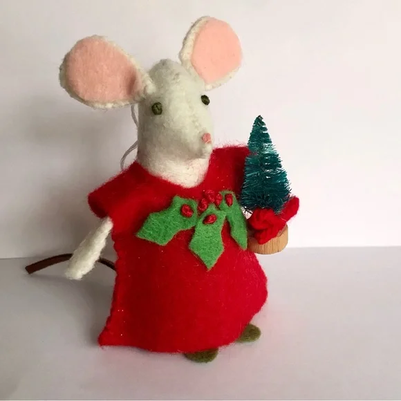 Holly Christmas felt Mouse ornament with green tree with bow hand-sewn handmade