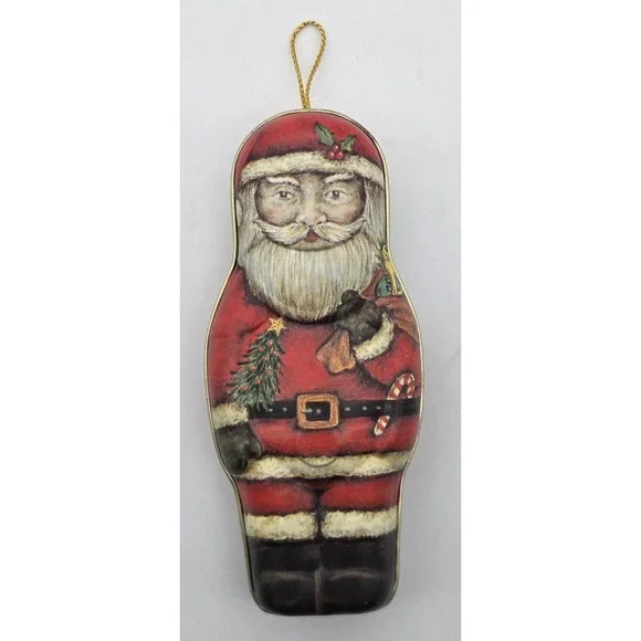 Vintage Santa Claus Candy Tin Ornament Red Multicolor Hanging‎ Metal Decor Xmas