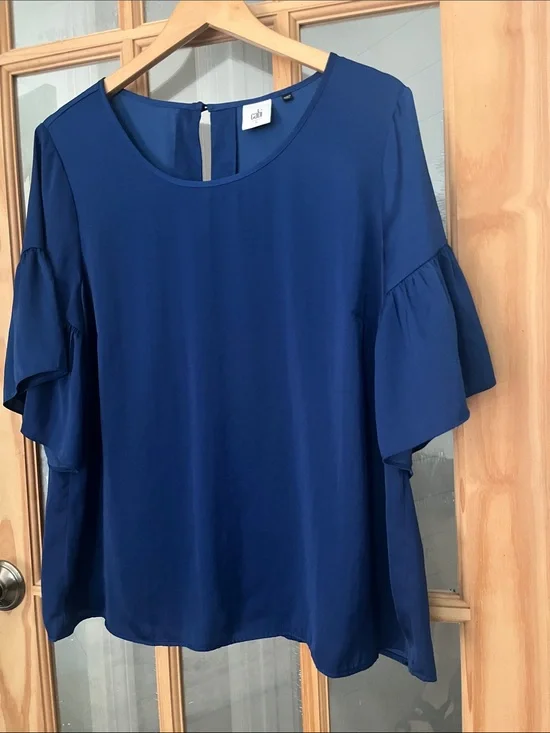 Cabi Rhyme Blouse Sapphire Electric Blue Ruffled Flutter Sleeve Top Size L