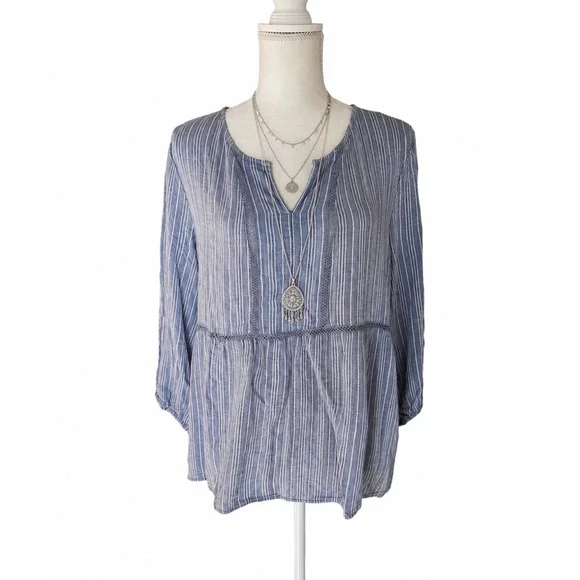 Fever‎ Babydoll Blouse 100% Rayon XL Blue White Excellent Coastal Boho