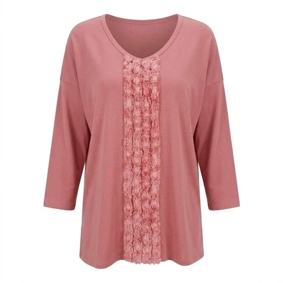 NYDJ Women's SMALL Pink Cotton Modal V-Neck‎ 3/4 Sleeve T-Shirt Ruffle Trim