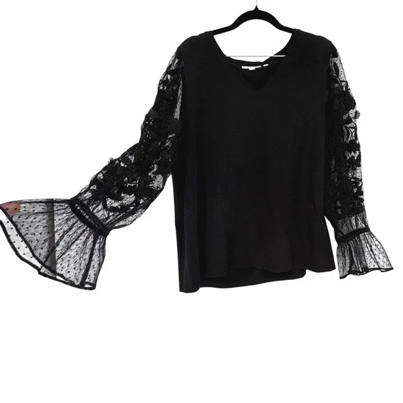 Chico's Pima Cotton Lace Sleeve Top Size 2 Large Black Bell‎ Sleeve Blouse