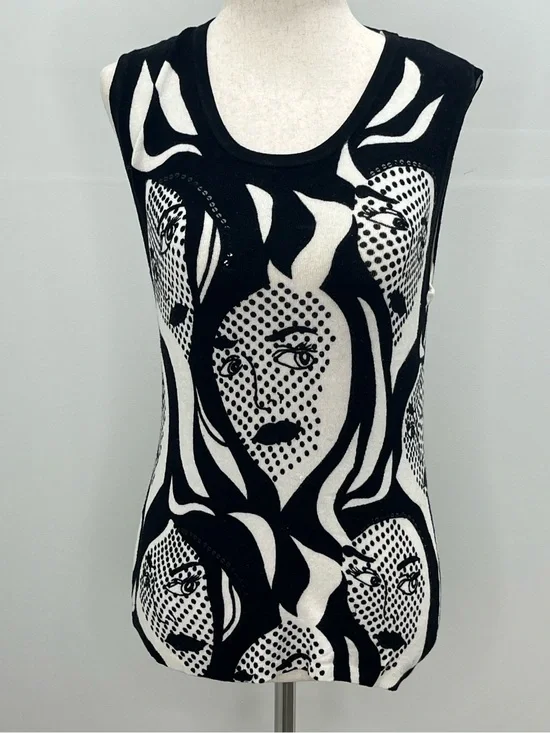 Elizabeth New York Black White Graphic Pop Art Face Print Sleeveless Top Small