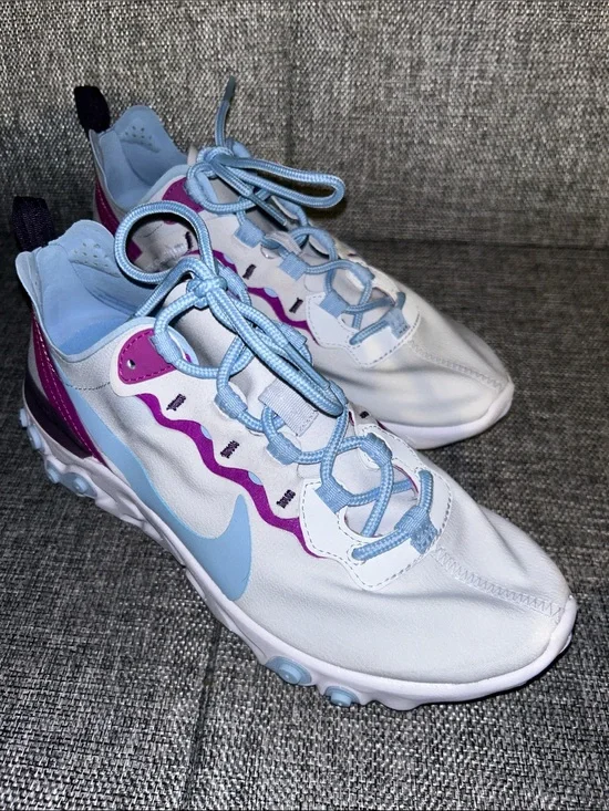 Nike React Element 55 - White Sneakers with Light Blue and Magenta Accents