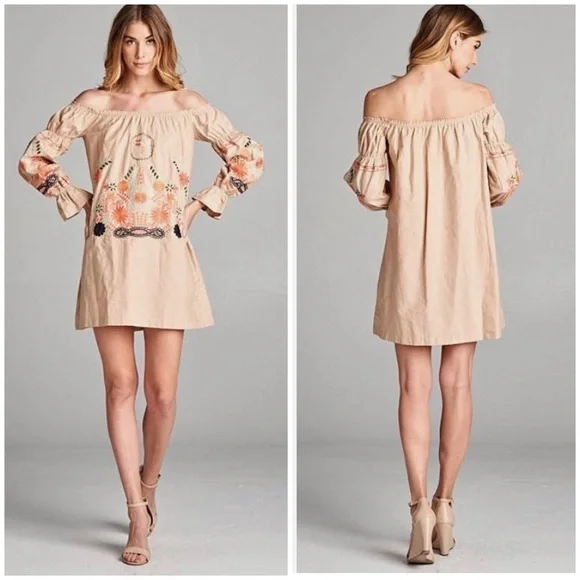 The Impeccable Pig Embroidery Top Off Shoulder Dress Tunic Long Sleeve Size M