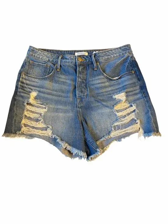 Good American Distressed Denim Shorts Blue High Rise Button Fly Size 8