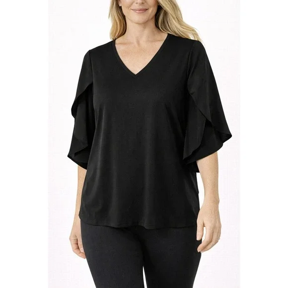 Women's Black Flutter Sleeve V-Neck Blouse Short‎ Sleeve Dressy Classic Work Top