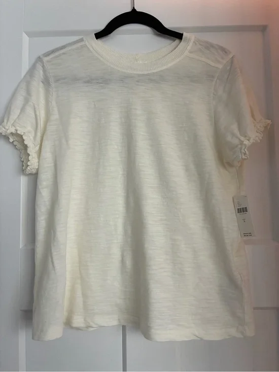 Anthropologie Cream Short Sleeve Ruffle-Trim Tee