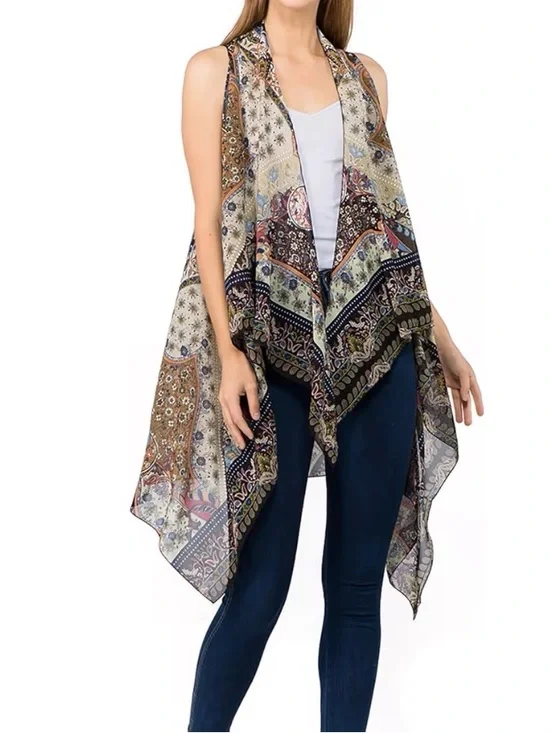 Boho Floral Patchwork Sleeveless Drape Vest - Neutral‎ Multi Color Womens S/M