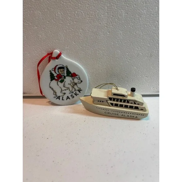Alaska Cruise Ship and‎ Polar Bear Christmas Ornaments Set