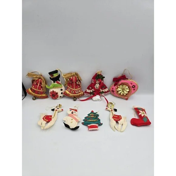 10 Felt Christmas Ornaments,  Handmade, 60's‎ Vibe, Most Wonderful Time Of Year