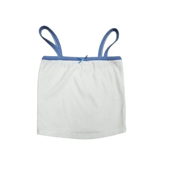 Heart Hips White Ribbed Cropped‎ Tank Top Blue Trim Bow Cami Cropped Womens S
