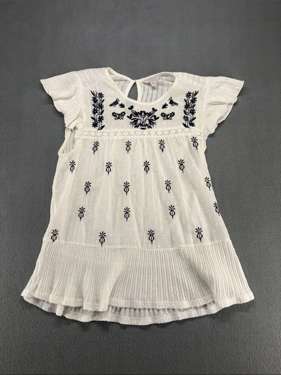 Lucky Brand Flowy White Blouse with Navy Floral Embroidery Cottagecore Boho