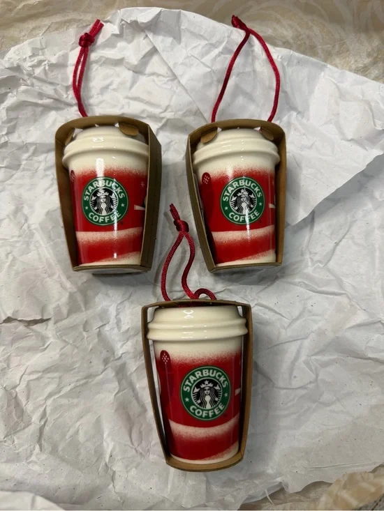 Set of 3 - 2010 Starbucks Holiday Mini Ceramic Cup Ornaments NWT