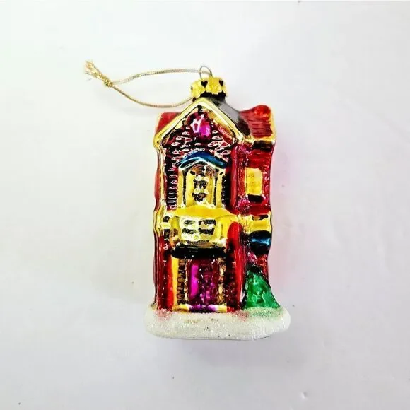 Vintage Hand Painted Blown Glass Beach House Brownstone Christmas Tree Ornament