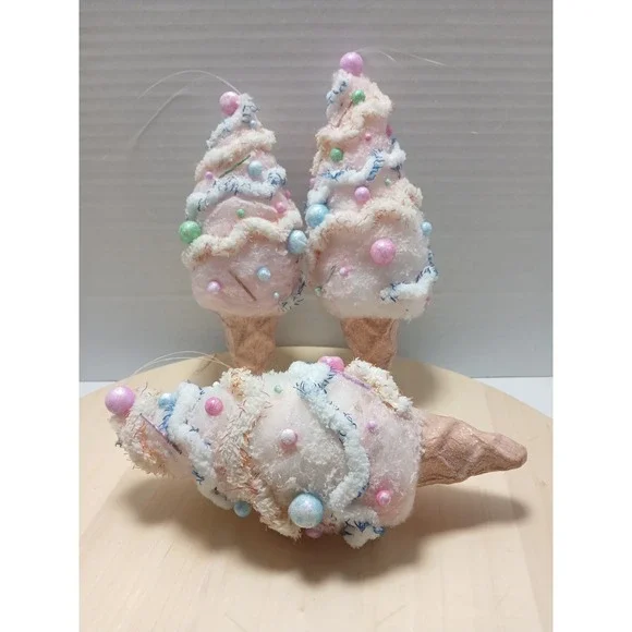 Lot of 3 Pink Ice Cream Ornaments Pastel Christmas Candy Land Tree Decorations