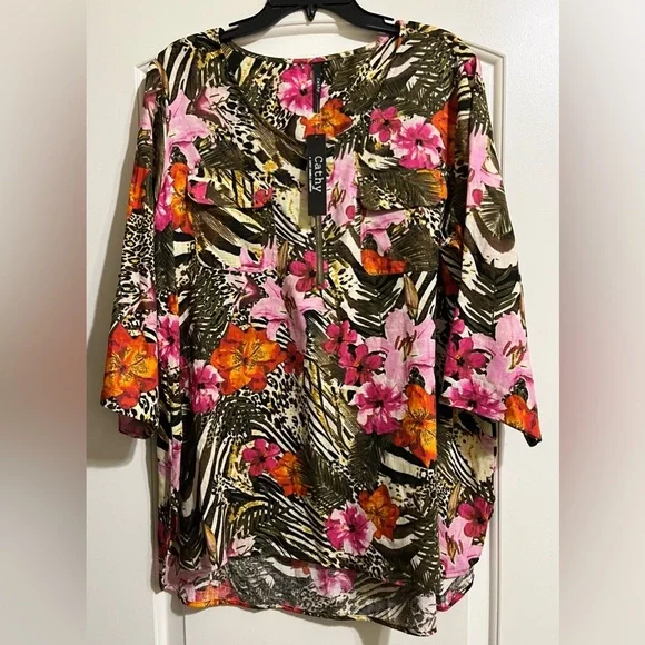 NWT Cathy Daniels Women’s Linen Blend Tropical Resort Beach Blouse Top Size XL