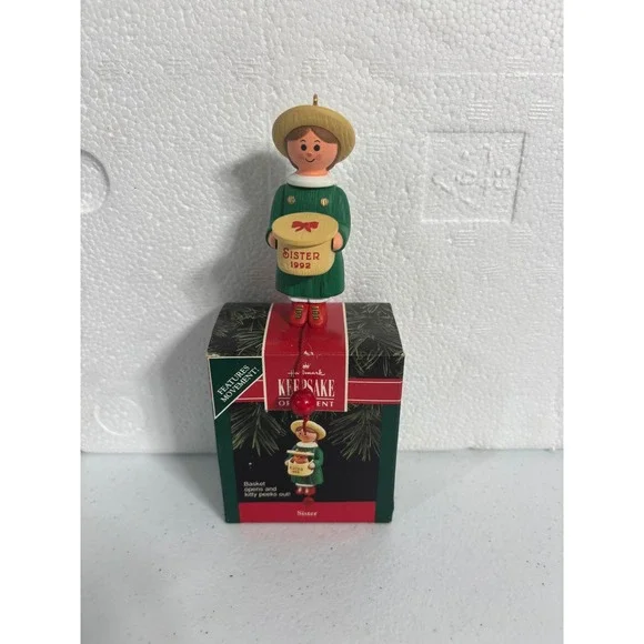Hallmark Keepsake Ornament 1992‎ Sister With Teddy Bear Basket Movement