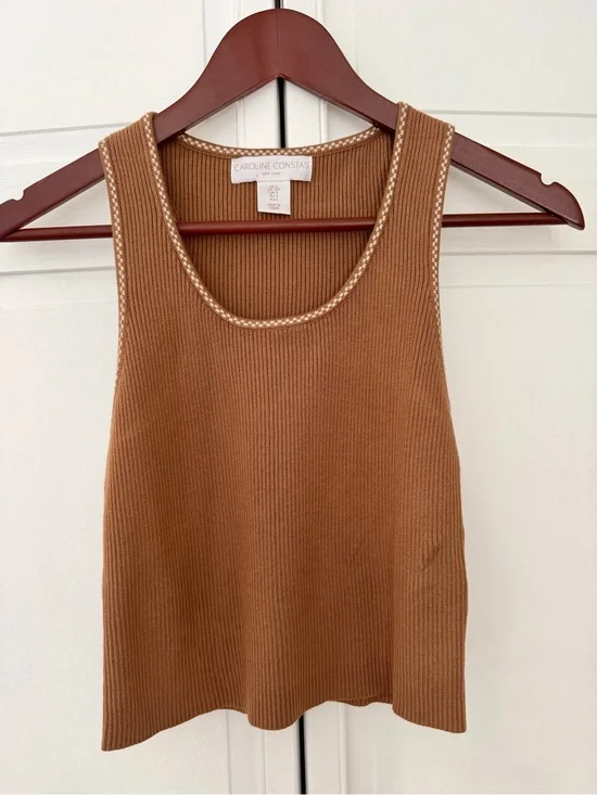 Caroline Constas Camel Ribbed Tank with Contrast Trim