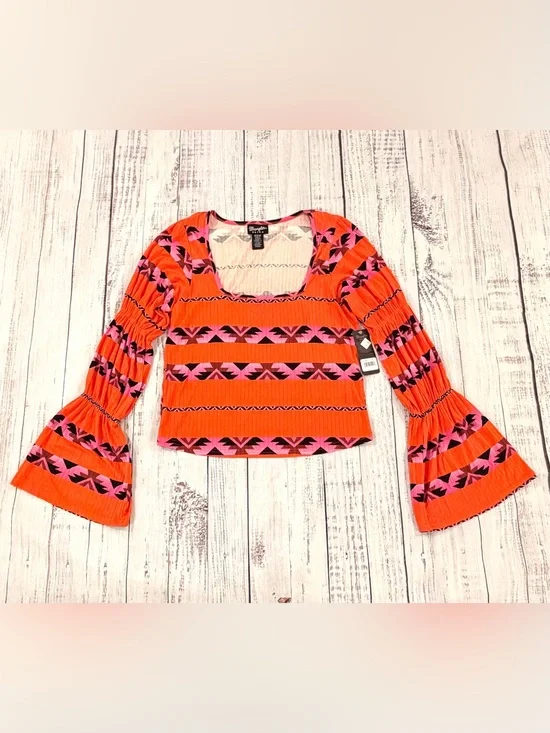 NEW Wrangler Retro Blouse Women M Orange Bell Sleeve Square Neck Western Cowgirl