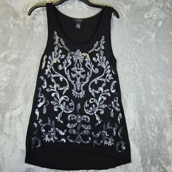 U-Knit Tank Top Womens Black Large Abstract Floral Silver Sequin Design