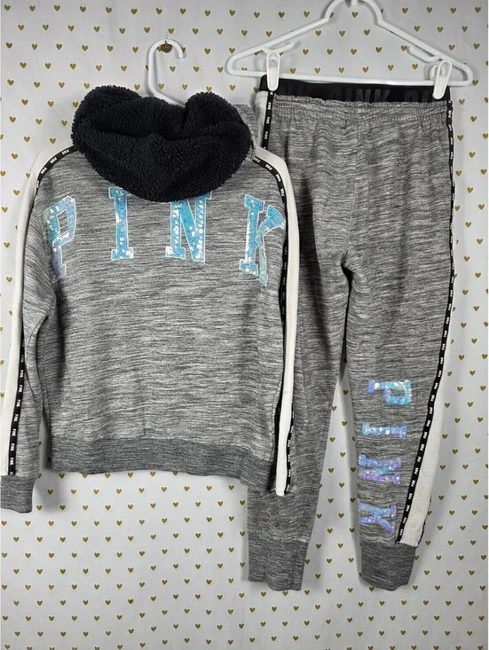 Victorias Secret Pink MERMAID BLING Set 2pc Hoodie Sweats sweatpants SMALL Grey